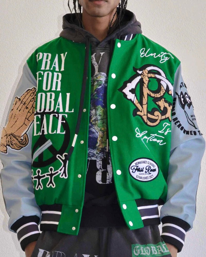 first row global peace varsity jacket green