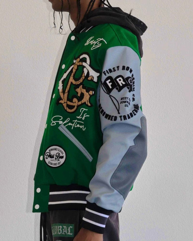 first row global peace varsity jacket green