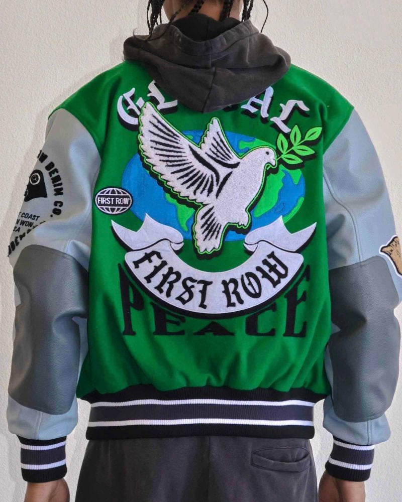 first row global peace varsity jacket green