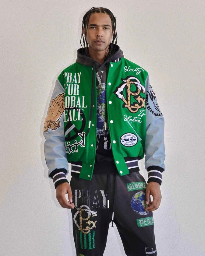 first row global peace varsity jacket green