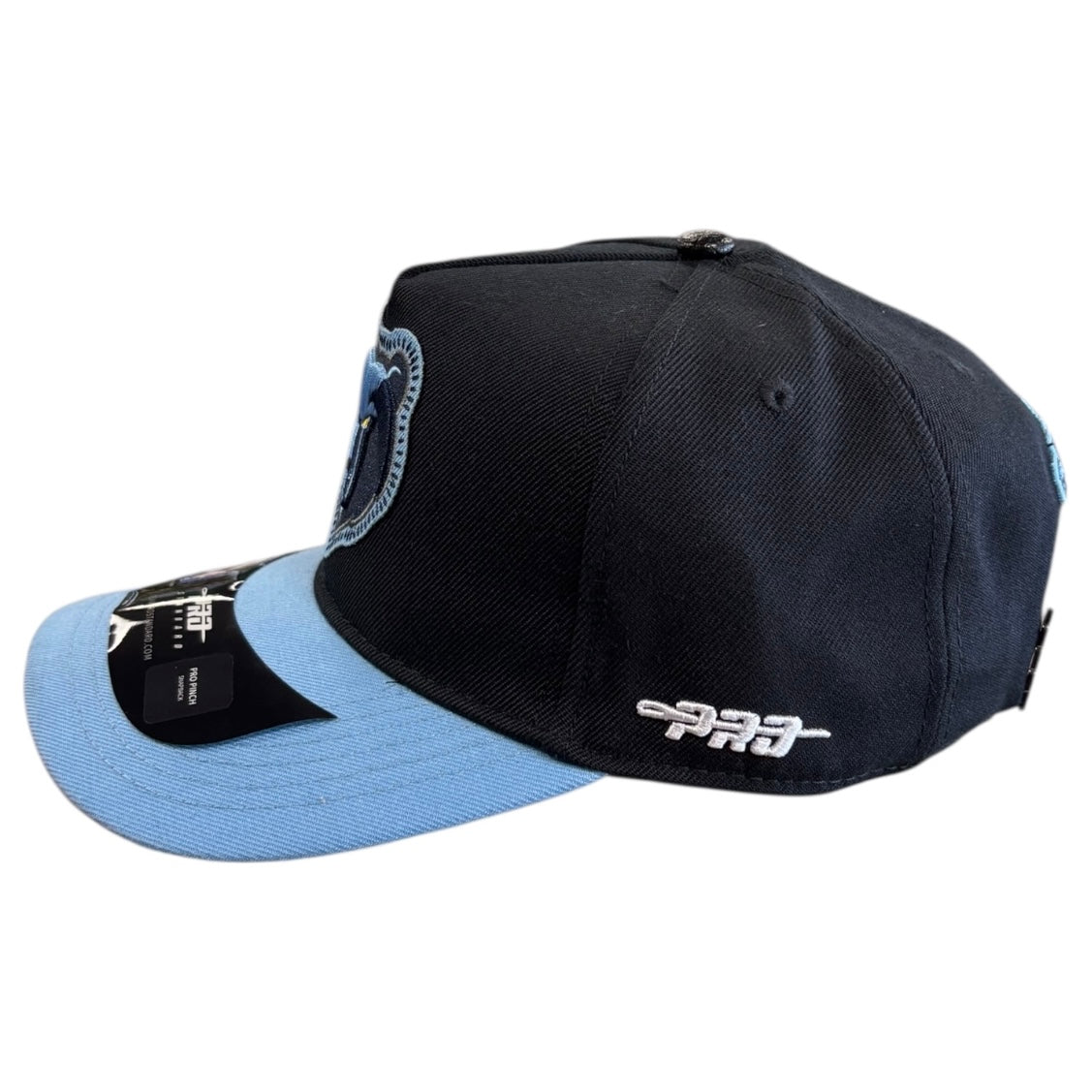 Black and blue cap with visible branding on a white background