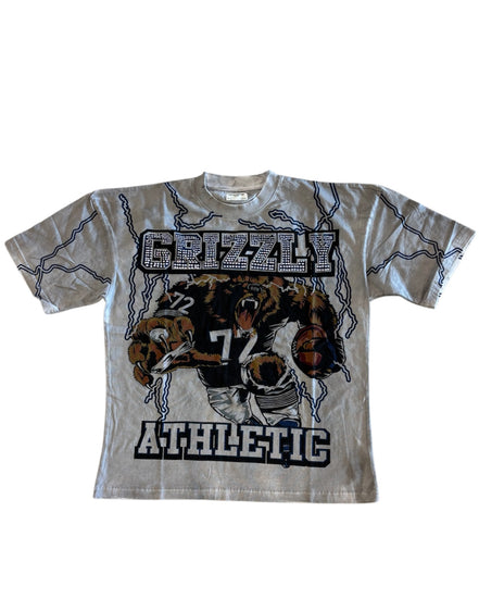 Gray t-shirt with bear graphic and 'Grizzly Athletic' text on a white background