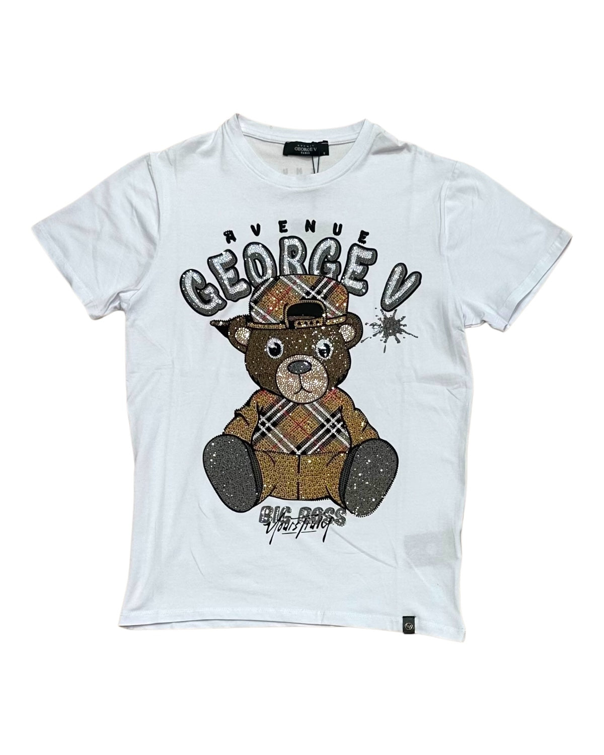 White t-shirt with a bear graphic and text on a white background