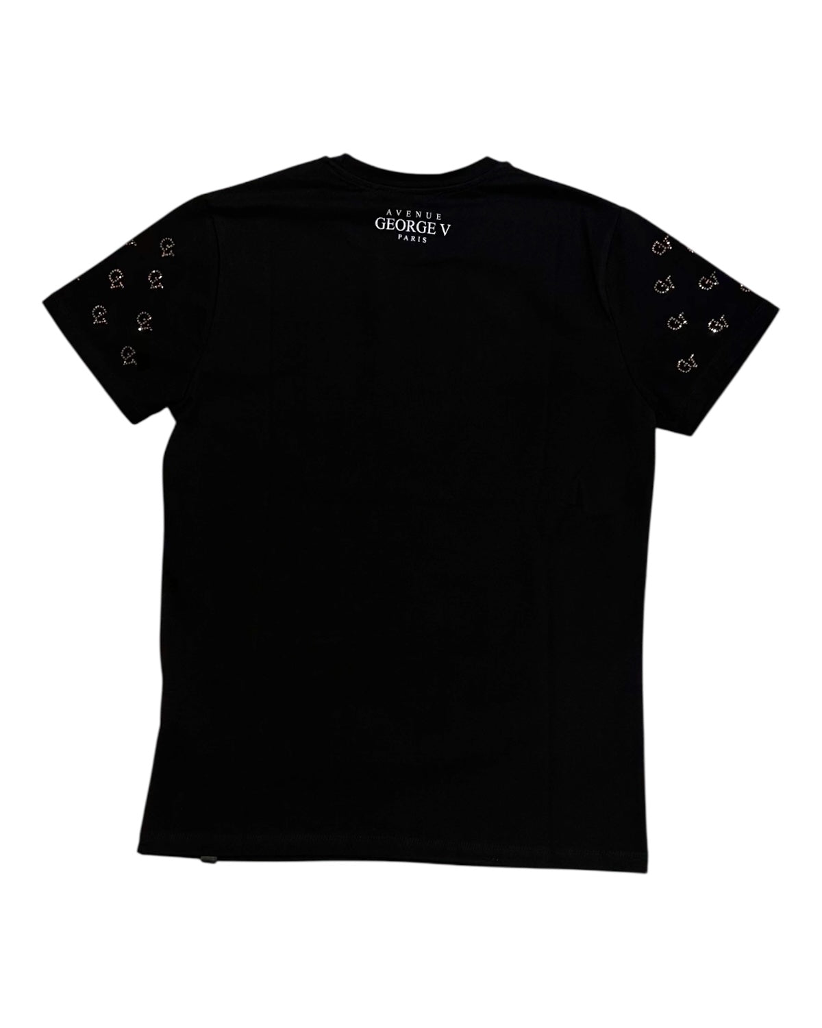 Black t-shirt with white text on a white background