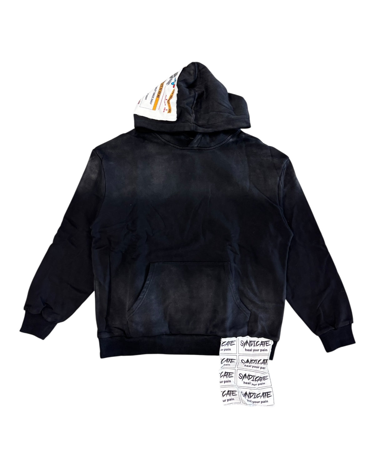 Black hoodie with a brand tag on a white background