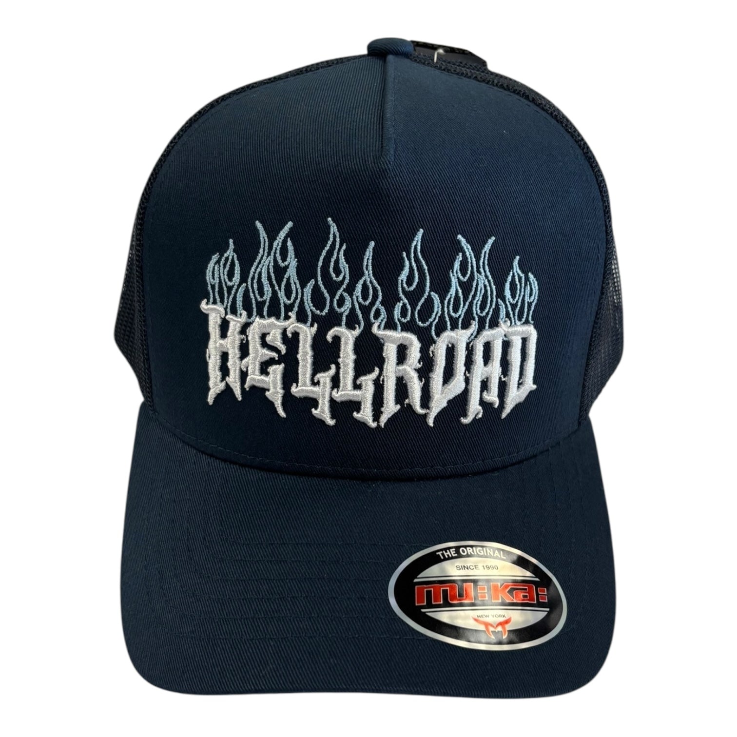 Navy blue cap with 'HELLROAD' logo and MUKA brand label on a white background