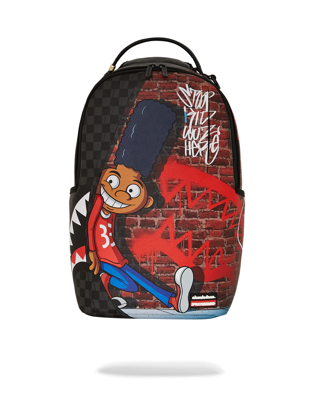 sprayground Backpack with cartoon character gerald design on a white background