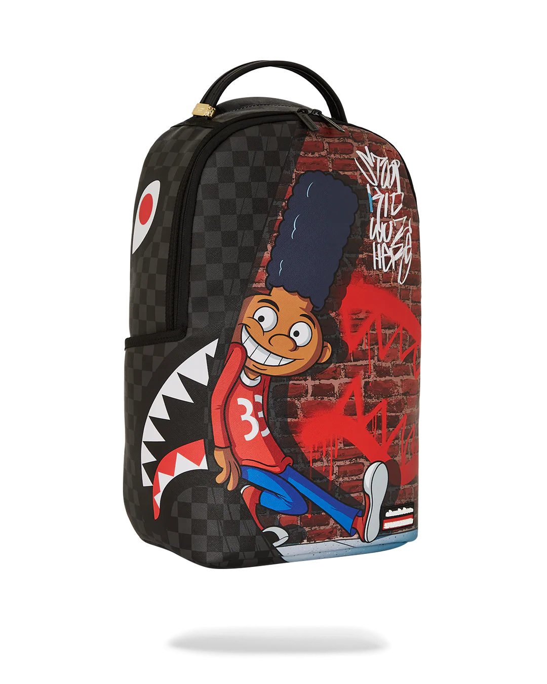 sprayground Backpack with cartoon character gerald design on a white background