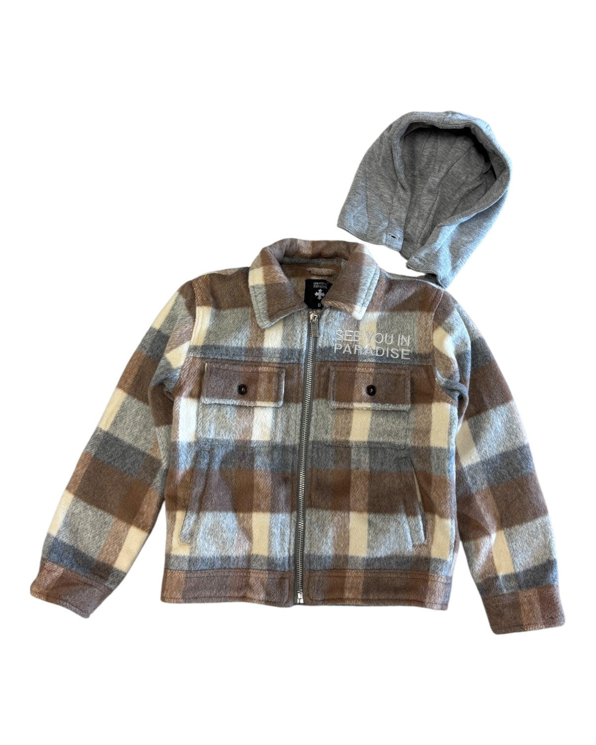 Plaid jacket with gray hood on a white background