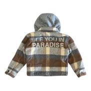 Plaid jacket with 'See You in Paradise' text on the back, worn by a child, on a white background.