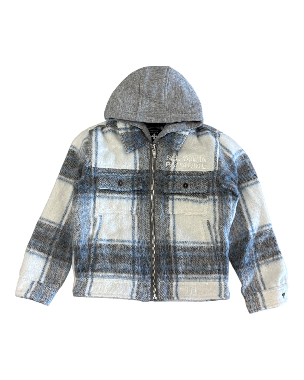 Plaid jacket with gray hood on a white background