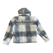 Plaid jacket with 'See You in Paradise' text on a white background