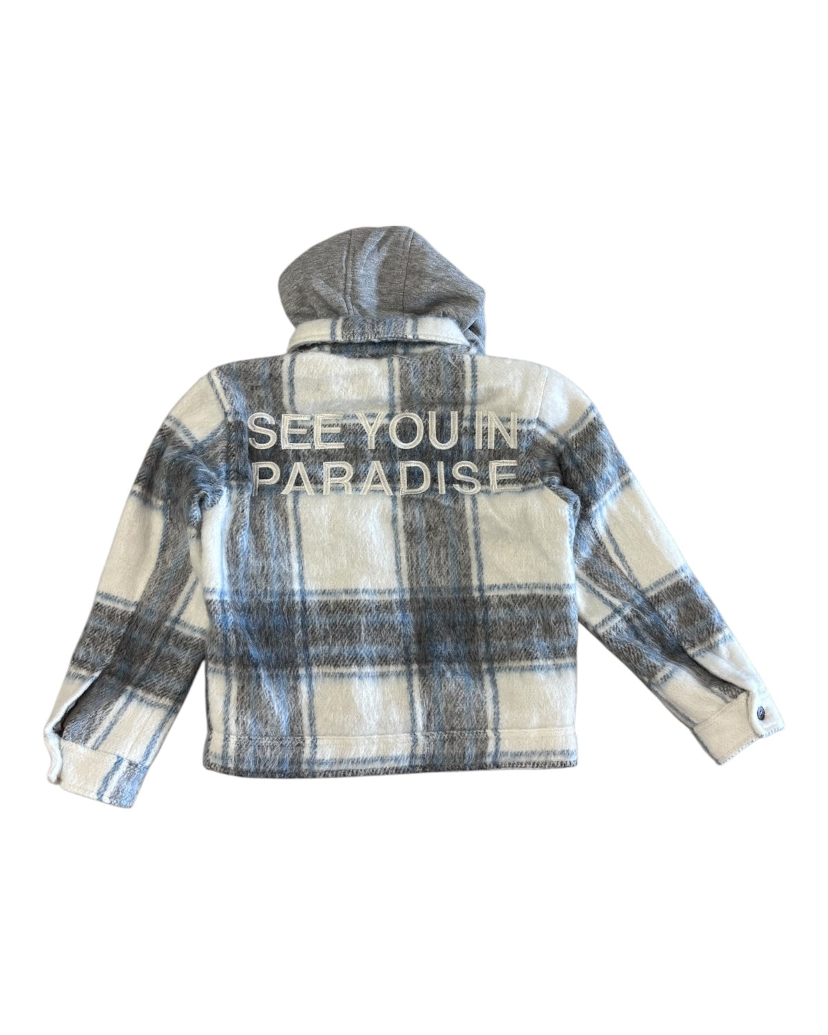 Plaid jacket with 'See You in Paradise' text on a white background