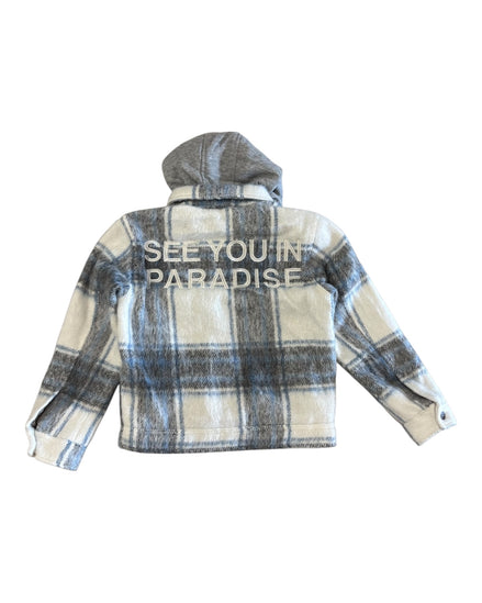 Plaid jacket with 'See You in Paradise' text on a white background