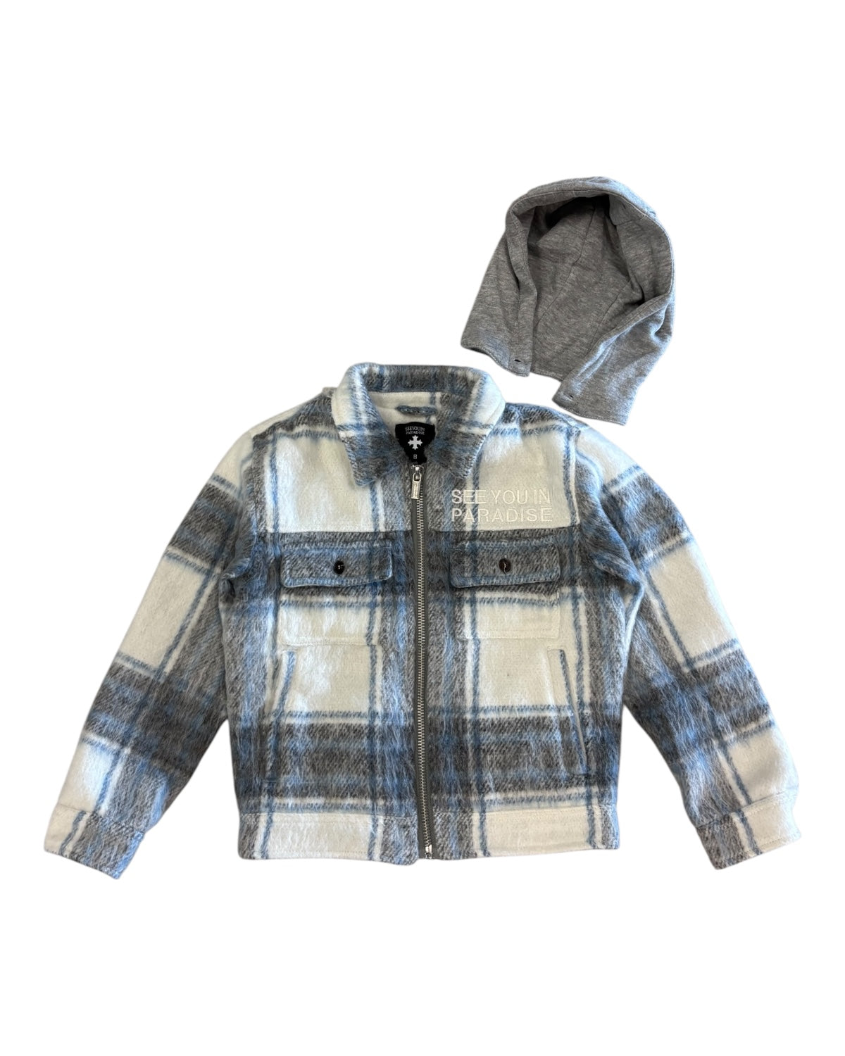 Plaid jacket with gray hood on a white background