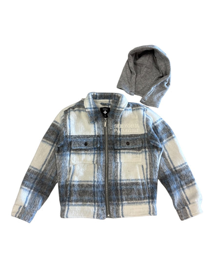 Plaid jacket with gray hood on a white background