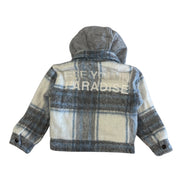 Plaid jacket with 'Keep You in Paradise' text on a white background