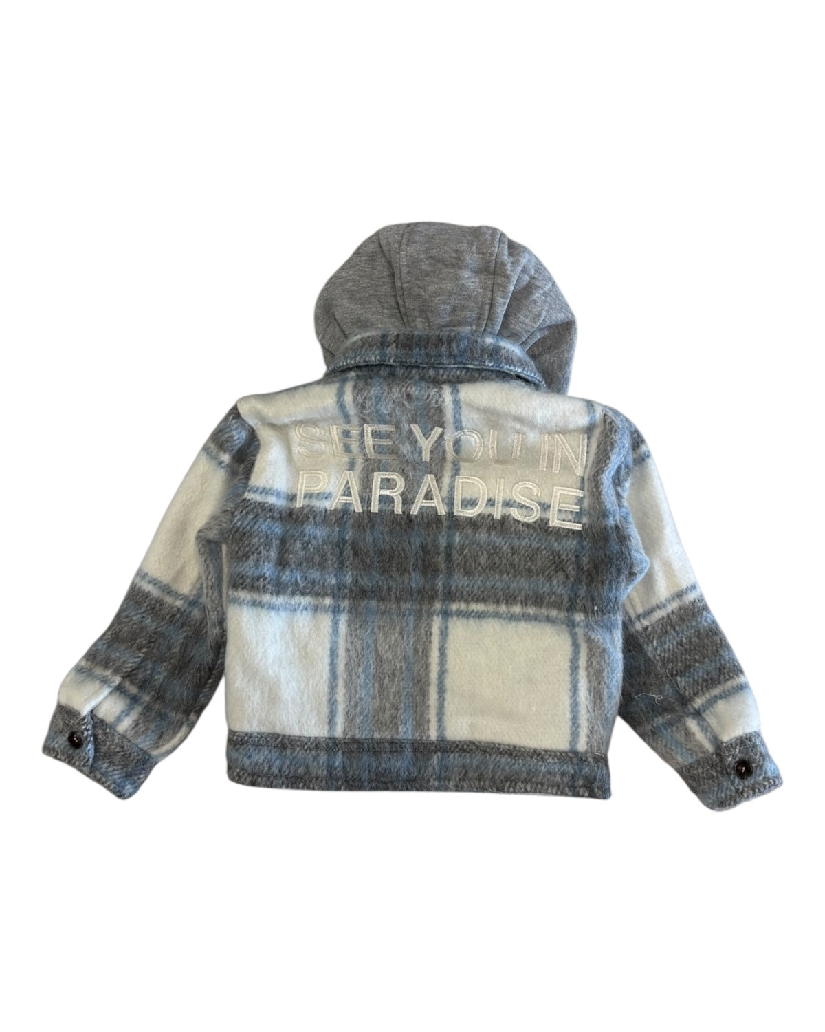 Plaid jacket with 'Keep You in Paradise' text on a white background