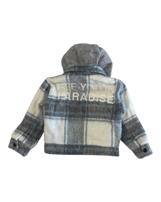 Plaid jacket with 'Keep You in Paradise' text on a white background