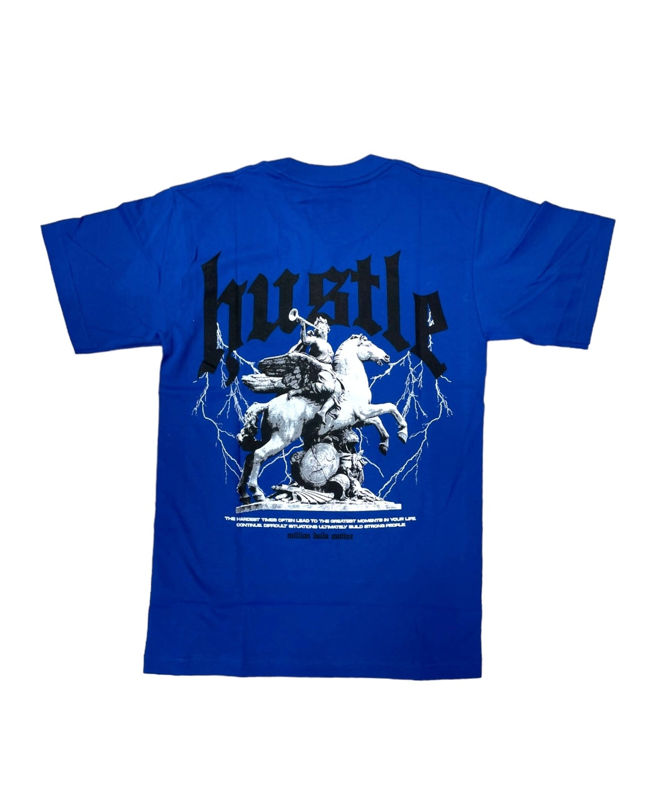 hustle builds strong people graphic tee in royal blue