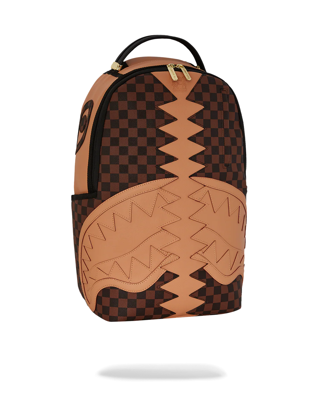 Brown and black checkered backpack with geometric design on a white background by sprayground