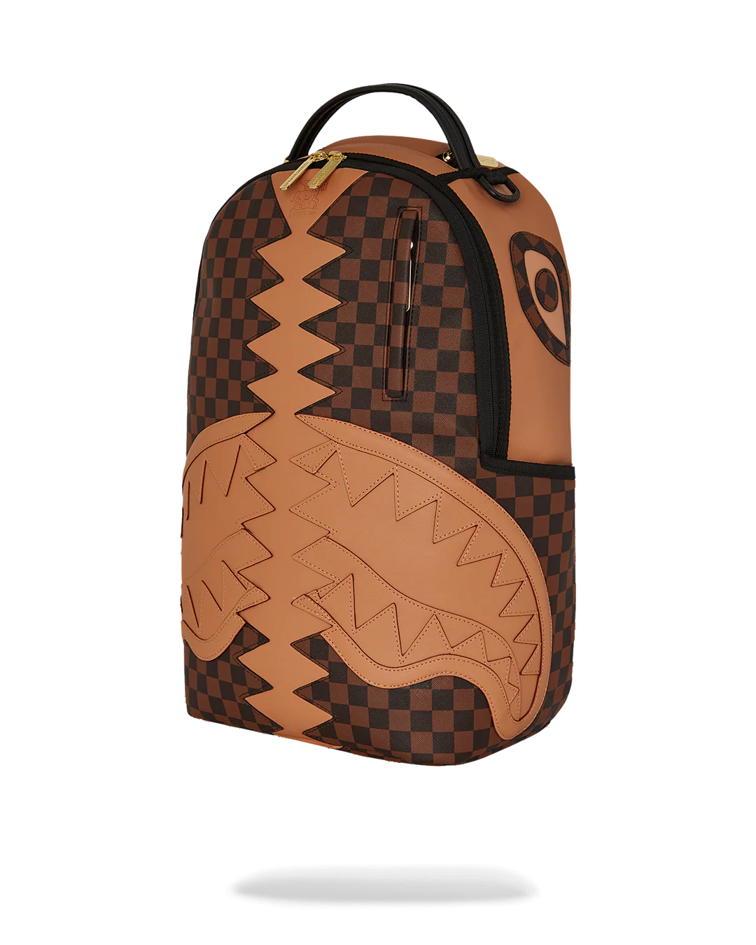 Brown and black checkered backpack with geometric design on a white background by sprayground