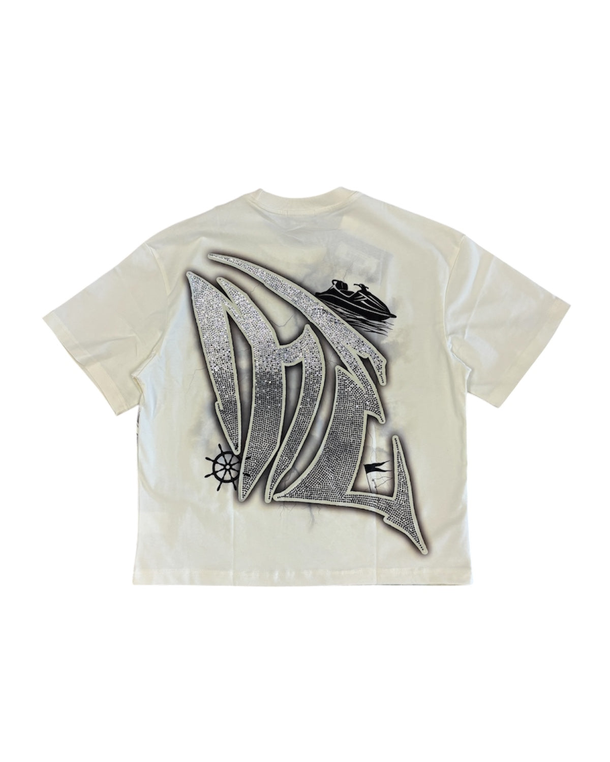 White t-shirt with black and gray graphic design on a white background