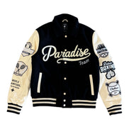 Black and beige varsity jacket with 'Paradise Team' text and logos on a white background