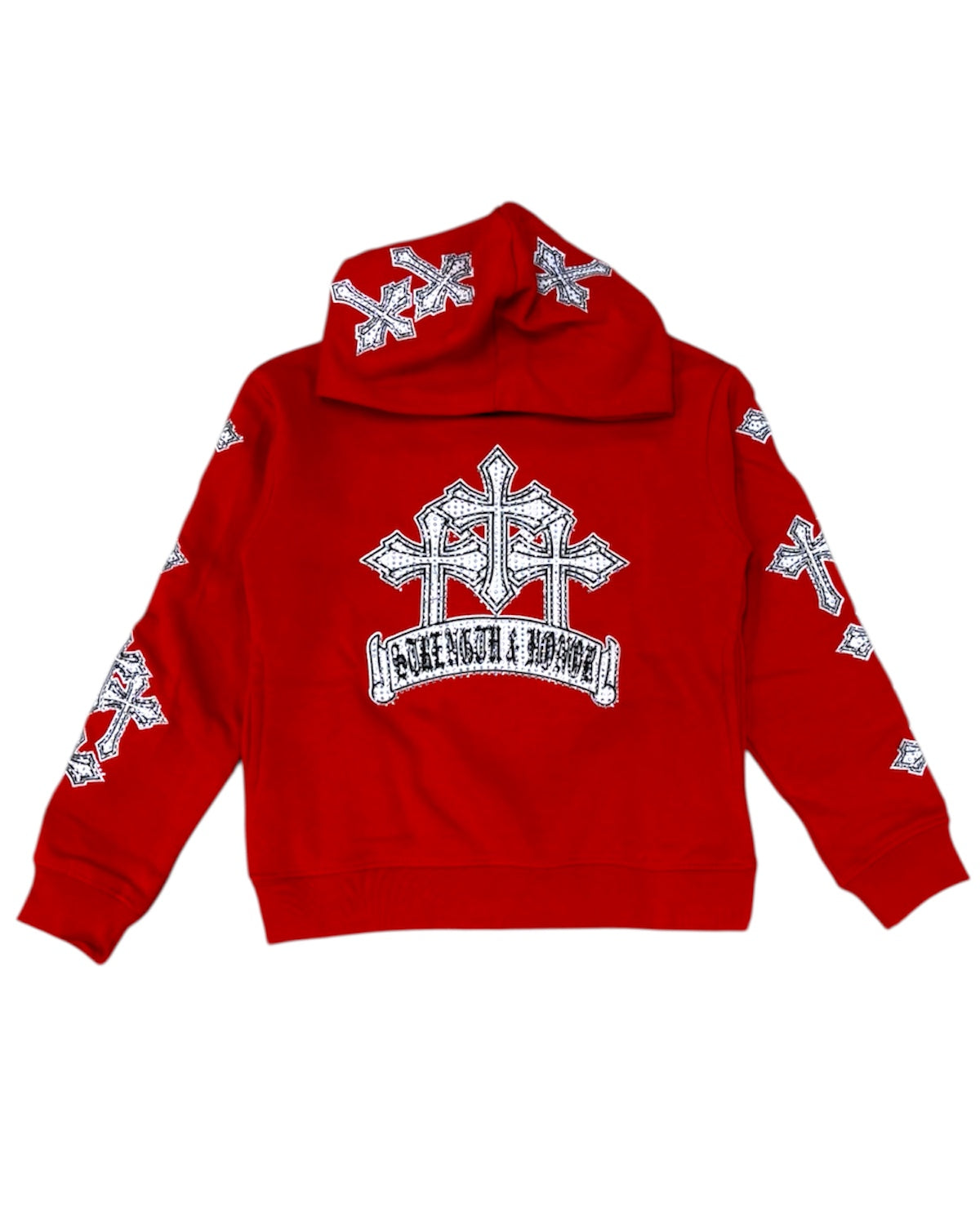 Red hoodie with white cross designs on a white background