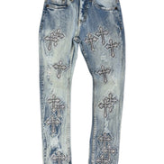 Blue jeans with cross patterns on a white background