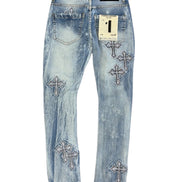 Blue jeans with cross designs on a white background