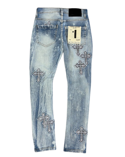 Blue jeans with cross designs on a white background