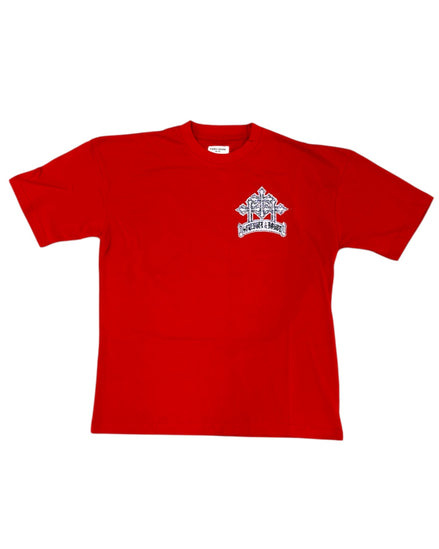 Red t-shirt with a white logo on a white background