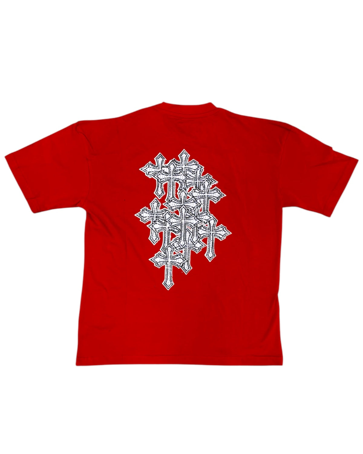 Red t-shirt with a white intricate design on the back against a white background