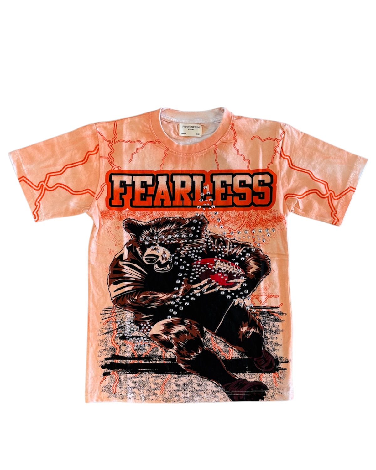 T-shirt with a bear graphic and 'FEARLESS' text on an orange tie-dye background