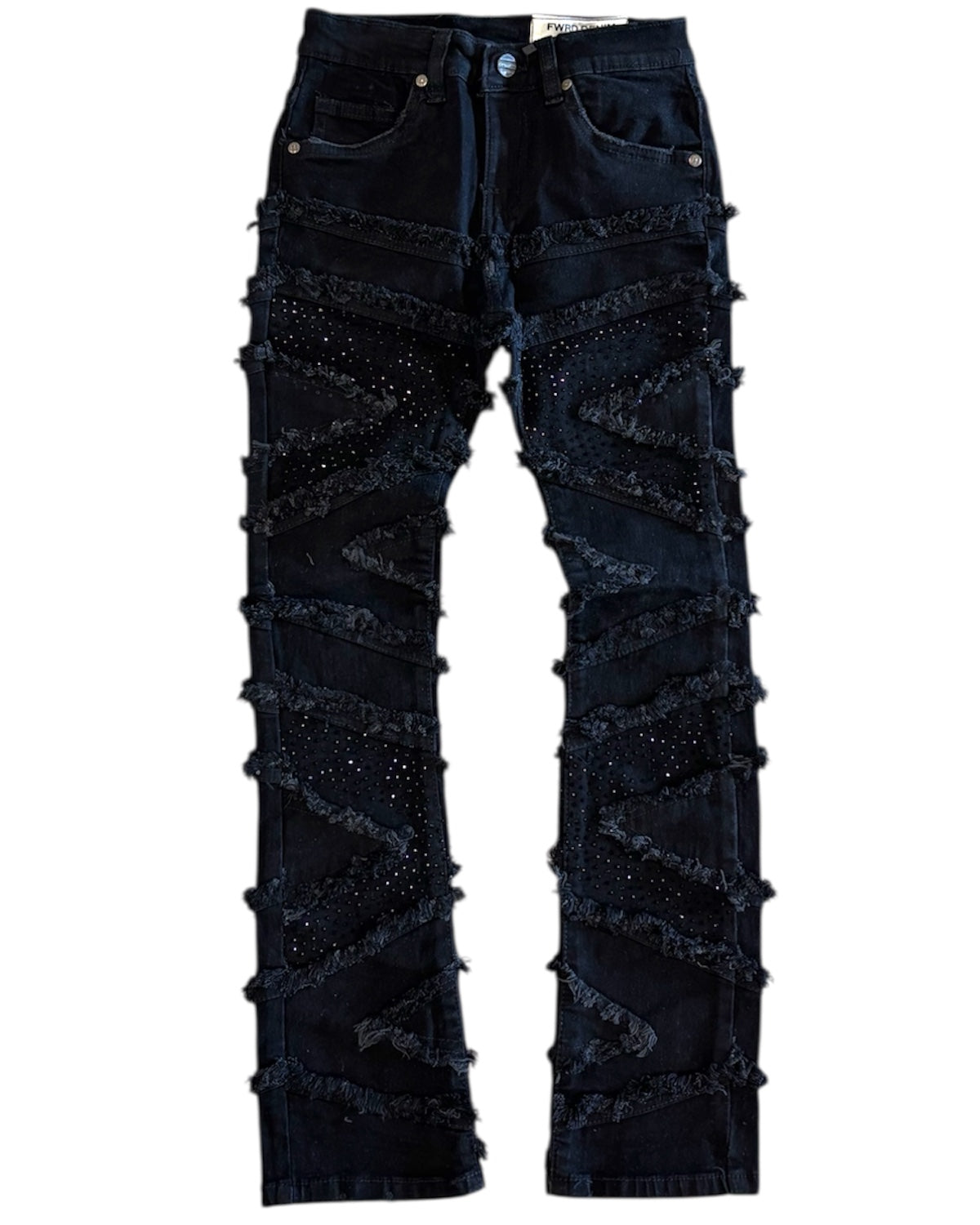 Black distressed jeans with embellishments on a white background