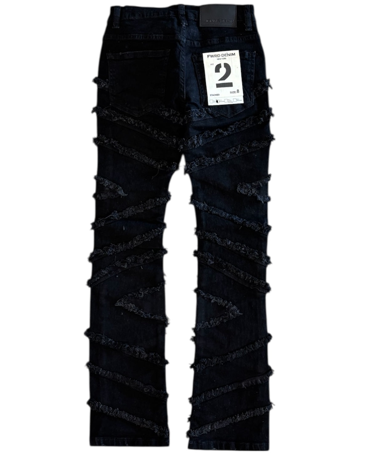 Black distressed jeans with a size tag on a white background