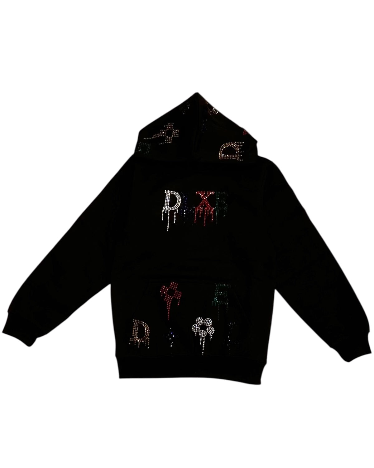 Black hoodie with colorful graphics and text on a white background