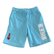 Light blue shorts with a red heart and white text on a white background