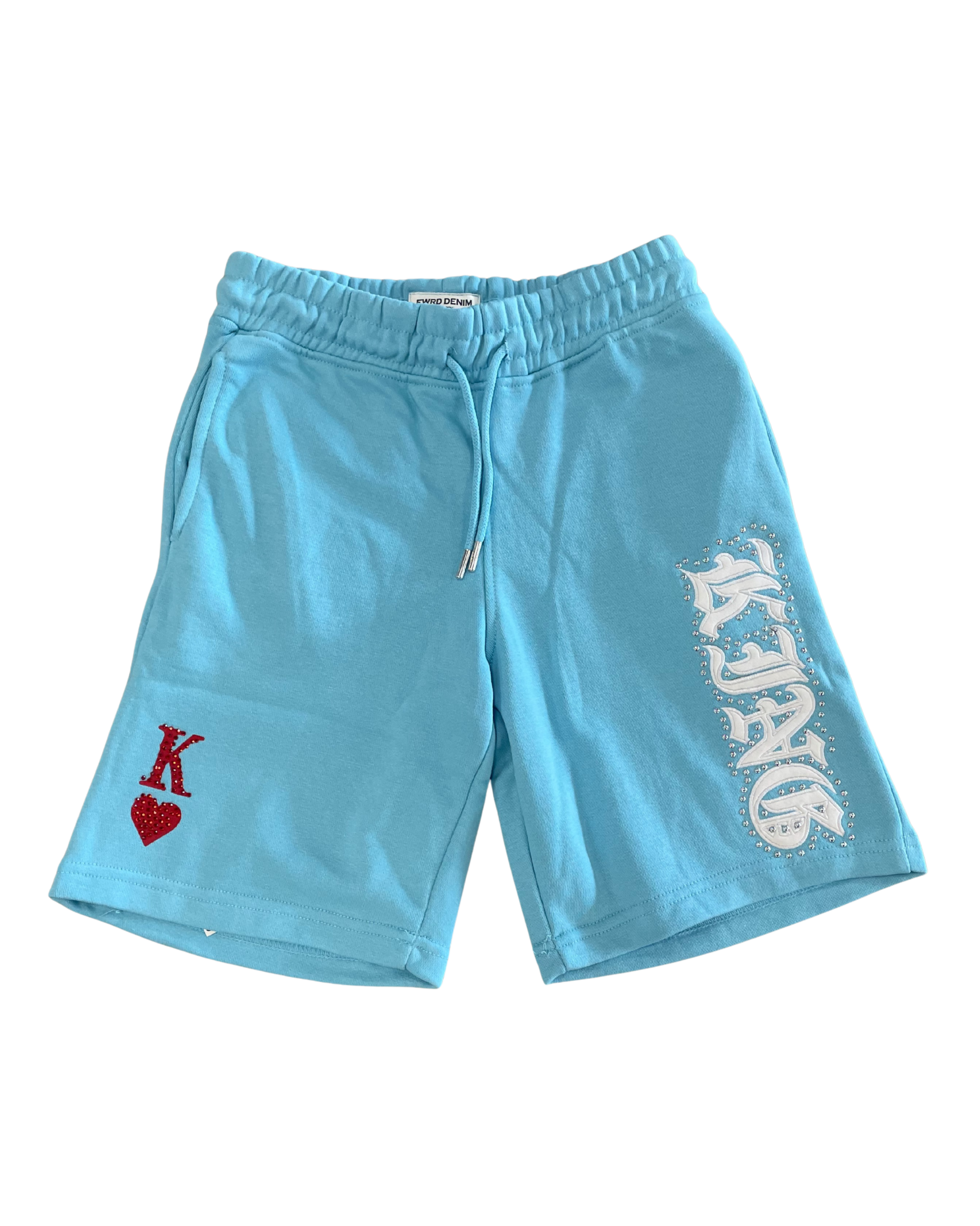 Light blue shorts with a red heart and white text on a white background
