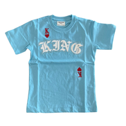 Light blue t-shirt with 'KING' text and red graphics on a white background