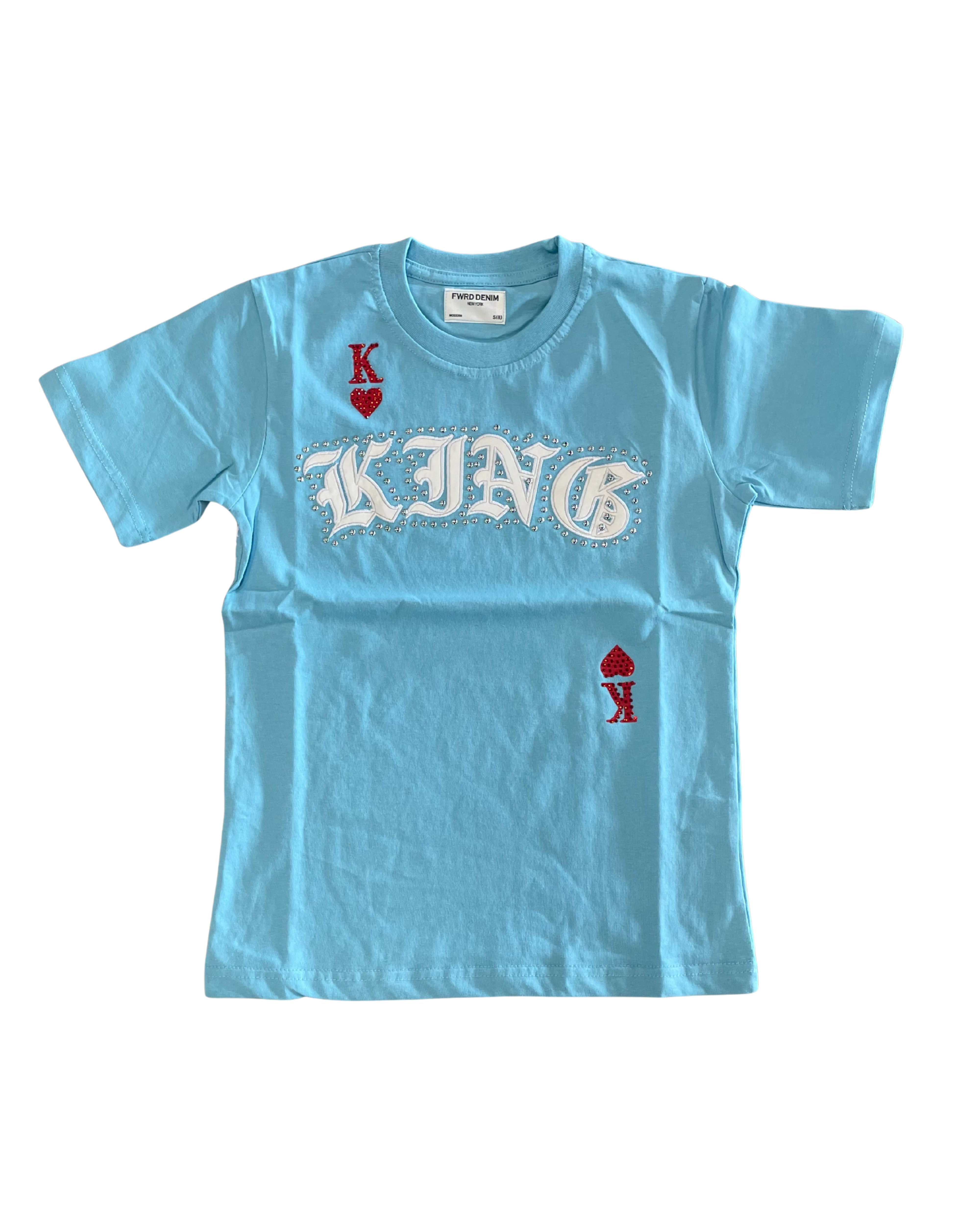 Light blue t-shirt with 'KING' text and red graphics on a white background