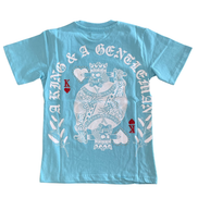 Light blue t-shirt with white graphic design on a white background