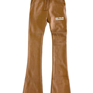 Brown leather pants with text on a white background