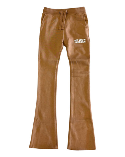 Brown leather pants with text on a white background