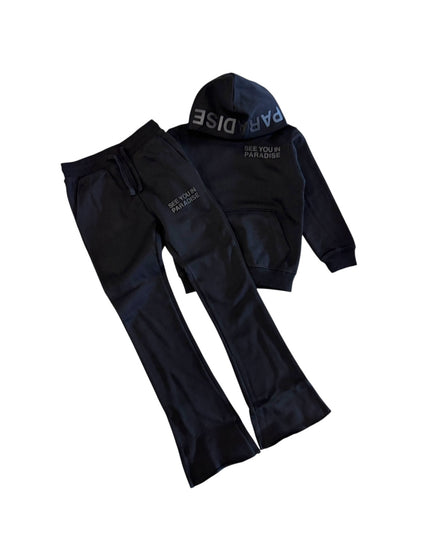 Black hoodie and pants set with text on a white background