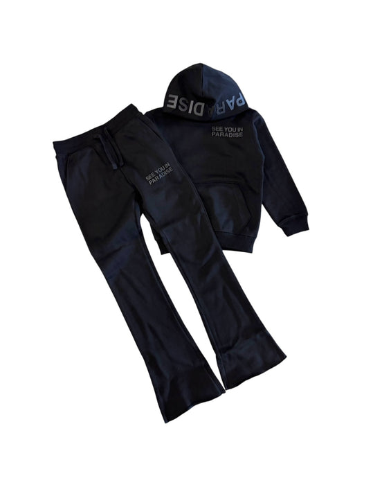 Black hoodie and pants set with text on a white background