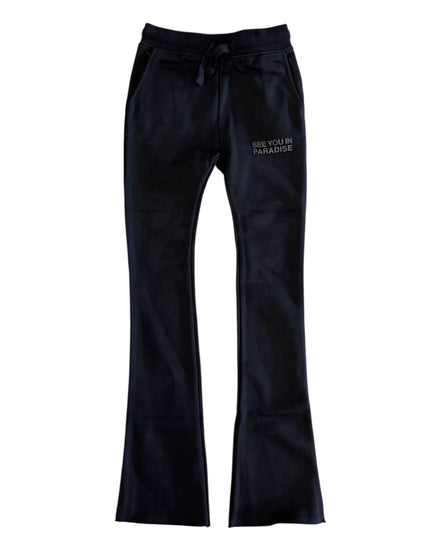 Black pants with text on a white background