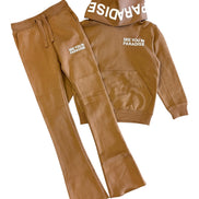Brown hoodie and pants set with 'See You in Paradise' text on a white background