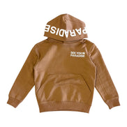 Brown hoodie with text on a white background